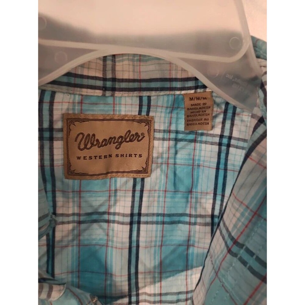 Wrangler Men’s Turquoise Plaid Short Sleeve Pearl Snap Western Shirt Size M - Picture 3 of 7